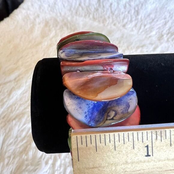 Abalone Shell Chunky Stretch Bracelet Iridescent Shell Mother of Pearl Multicolo - Picture 6 of 11